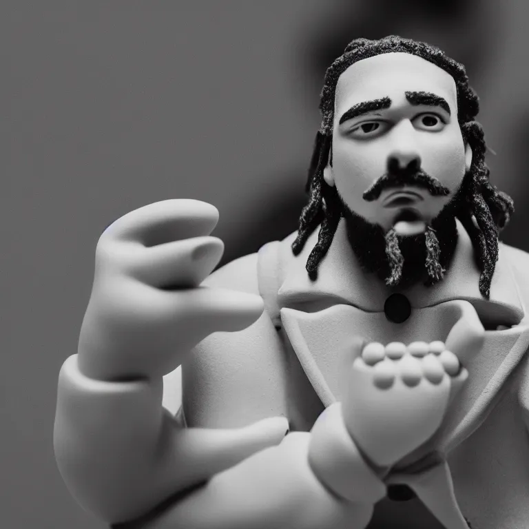 Image similar to a cinematic film still of a claymation stop motion film starring post malone, shallow depth of field, 8 0 mm, f 1. 8