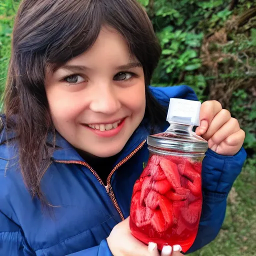 Image similar to charly with the racing jacket holding a jar of strawberry candy