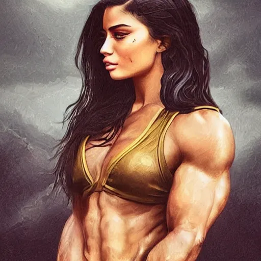 Prompt: a very beautiful portrait of a hulking herculean bodybuilder muscular musclebound bodybuilder kylie jenner, very beautiful face, pretty face, very detailed eyes, highly detailed, muscular, by wlop, greg rutkowski, simon bosley