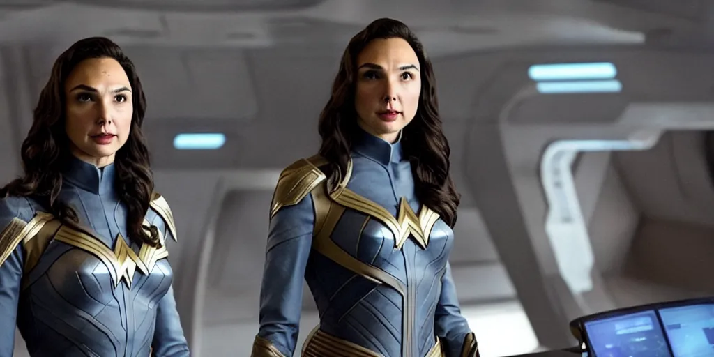 Image similar to Gal Gadot, in full starfleet uniform, is the captain of the starship Enterprise in the new Star Trek movie