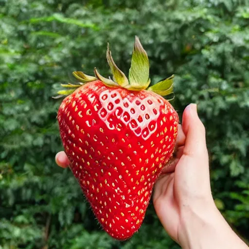 Image similar to a hand holding a giant 1 0 kg strawberry