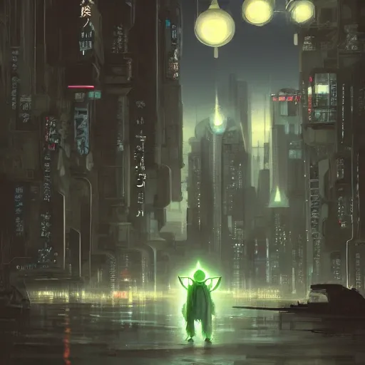 Image similar to Baby Yoda in future japan at night, concept art, fine details, studio ghibli, cinematic lighting, ghost-in-the-shell, cyberpunk,sci-fi, fantasy, intricate, elegant, highly detailed, digital painting, trending on artstation, concept art, smooth, sharp focus, illustration, by james gurney and greg rutkowski