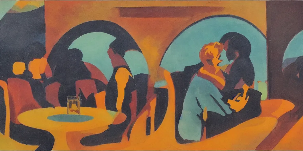 Prompt: spherical glass people sitting at flooded restaurant ( ( ( ( painting by aaron douglas ) ) ) ) painting by alvar aalto