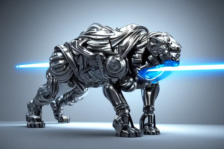 Prompt: futuristic metal cybernetic!! lion!!! white blue grey, octane render, studio light,