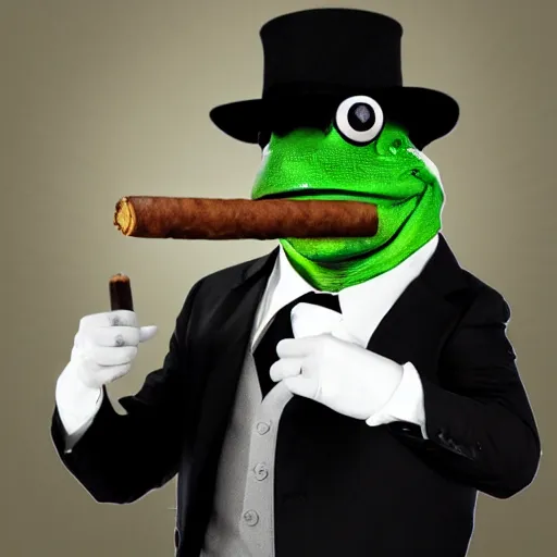 Image similar to a frog 🐸 wearing a suit smoking a cigar