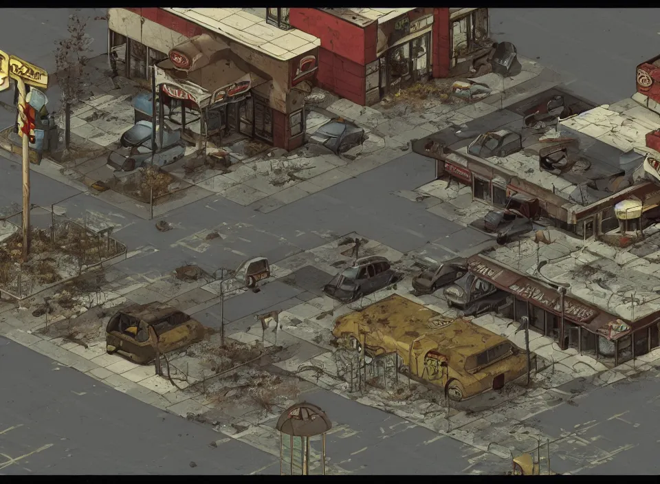 Image similar to Screenshot of the outside of an abandoned rusty McDonald restaurant in Fallout 2 (1998), isometric perspective, postapocalyptic, bird's eye view, high quality