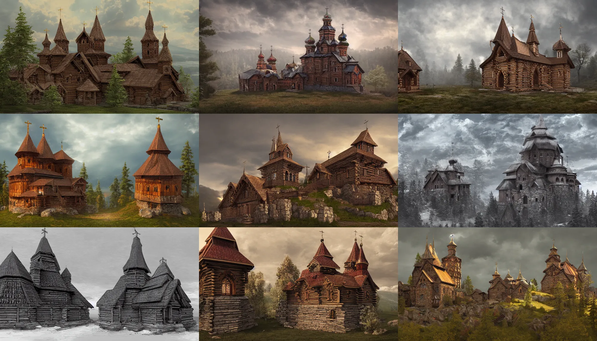 Image similar to tall castle enclosed palisaded, with christian wooden churches and domes on them, log houses built on hills, slavic, russian, slovenian, tartarian architecture, gray skies, hyper - detailed, artstation, cgsociety, 8 k