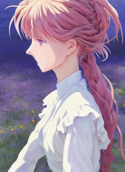 Image similar to Painting of a cottagecore witch with side-shaved strawberry hair in the style of Violet Evergarden, beautiful anime art style, winged eyelashes, countryside, calm, fantasy character portrait, dark outlines, dynamic pose, above view, sunny day, artwork by Makoto Shinkai, very coherent asymmetrical artwork, sharp edges, perfect face, simple form, 100mm