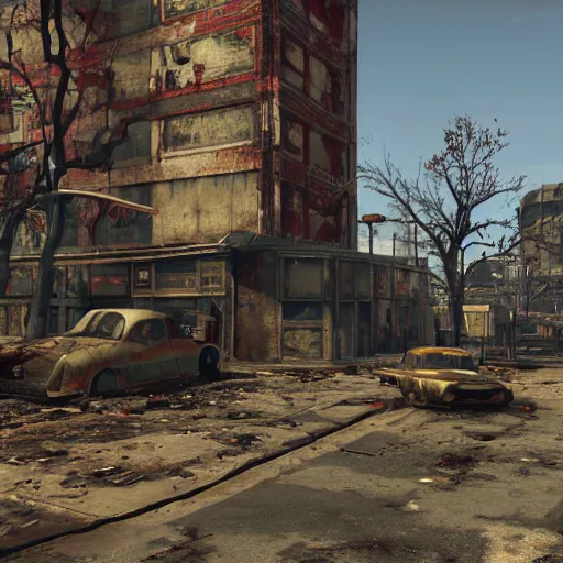 Image similar to st. louis in ruins post - nuclear war in fallout 4, in game screenshot