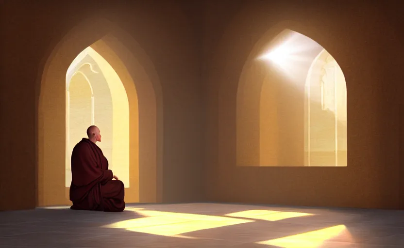 Prompt: distant monk sitting inside a peaceful marble temple while being illuminated by a ray of light, blissful, digital oil painting