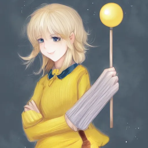 Image similar to full headshot portrait of a blond girl in a yellow sweater with a large white ball of sweet cotton wool on a stick, drawn by wlop, by avetetsuya studios, attractive character, colored sketch anime manga panel, cirno from touhou, trending on artstation