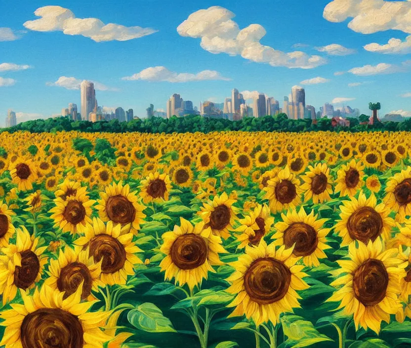 Prompt: a very detailed painting of a sunflower field, baby blue sky with very aesthetic stylized clouds, there is a city with futuristic buildings in the back, there are blue mountains in the back, in the style of edward hopper and hugo pondz, very fine brushstrokes, 4 k,