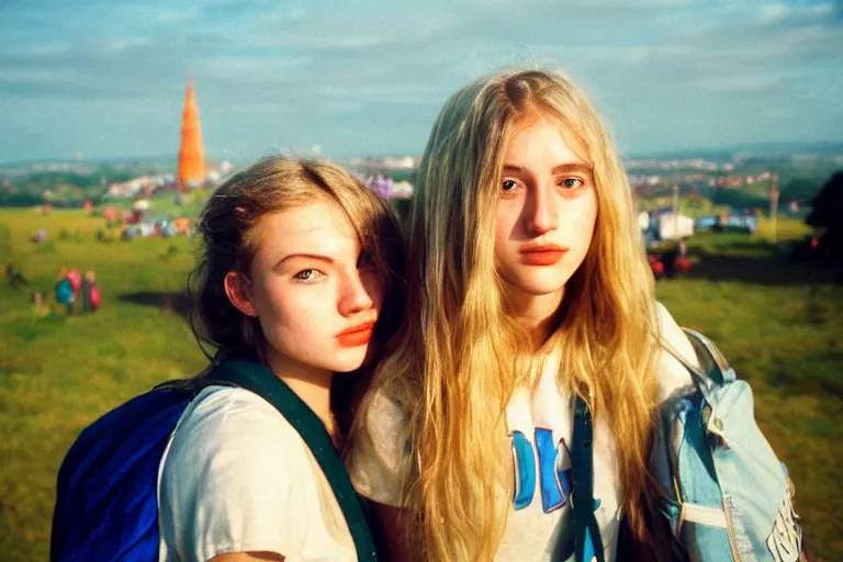 Image similar to candid photo of teenager girls first trip to Glastonbury, UK, Kodak Portra 200,8K,highly detailed: beautiful perspective closeup environmental portrait photo in style of 2000s retrofuturism, cinema lighting , by beksinski, photography fashion edition, tilt shift, highly detailed, focus on man ;blonde hair;blue eyes, clear eyes, soft lighting