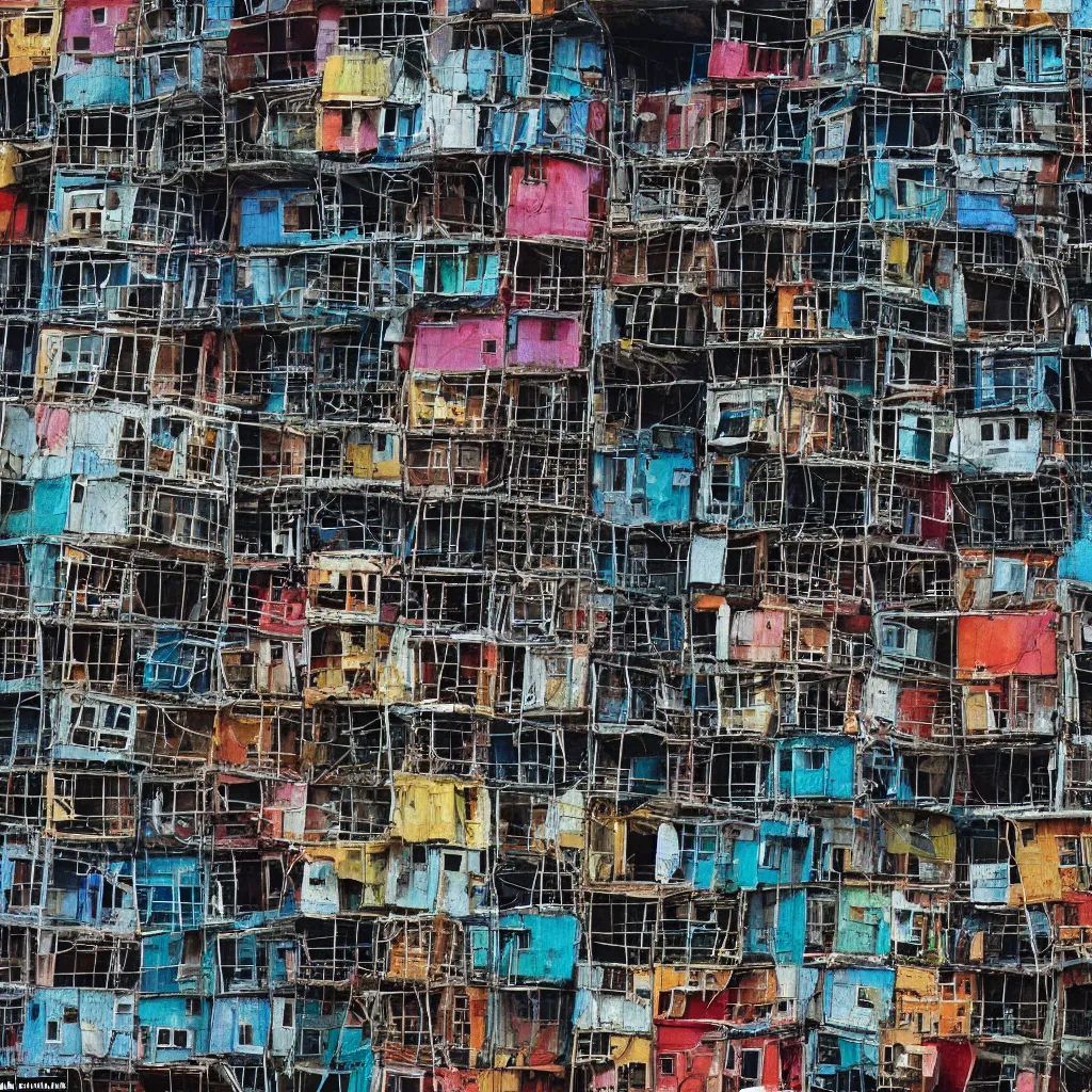 Image similar to close - up view of a tower made up of colourful makeshift squatter shacks, bleached colours, moody cloudy sky, dystopia, mamiya rb 6 7, very detailed, photographed by bruno barbey and brett whitely