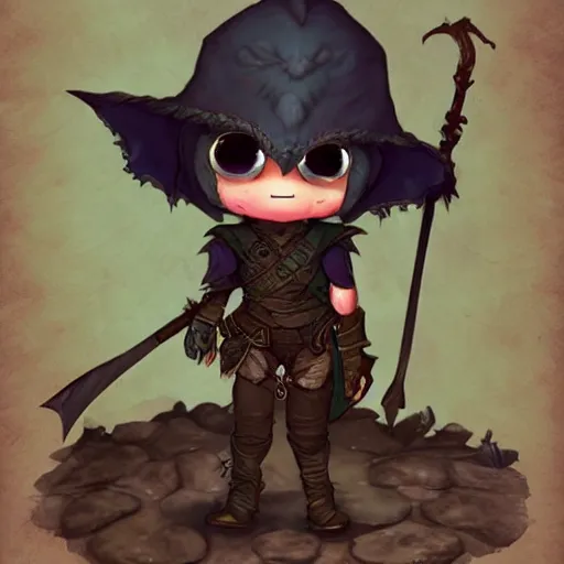 Prompt: cute tiny goblin girl wearing hunter armor from Bloodborne and a wizard hat, geeen skin, trending on ArtStation, d&d, chibi