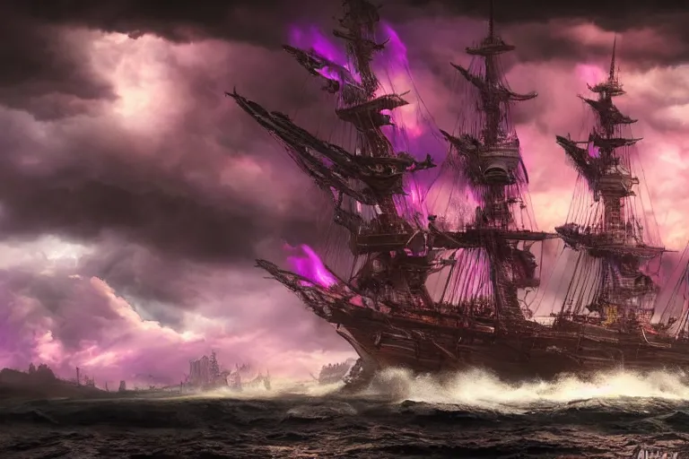 Prompt: a close up very large pirate ship, violent stormy waters, massive fire and electrical storm clouds in epic purple sky, dark night, digital fantasy art, cinematic, hd, trending on artstation