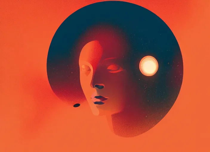 Image similar to ( ( dither ) ), editorial illustration portrait of a young astronaut girl, colorful, modern art deco, mads berg, karolis strautniekas, christopher balaskas, stippled light, fog, moody, fine texture, dramatic lighting, dynamic composition, detailed, matte print, dynamic perspective, muted color