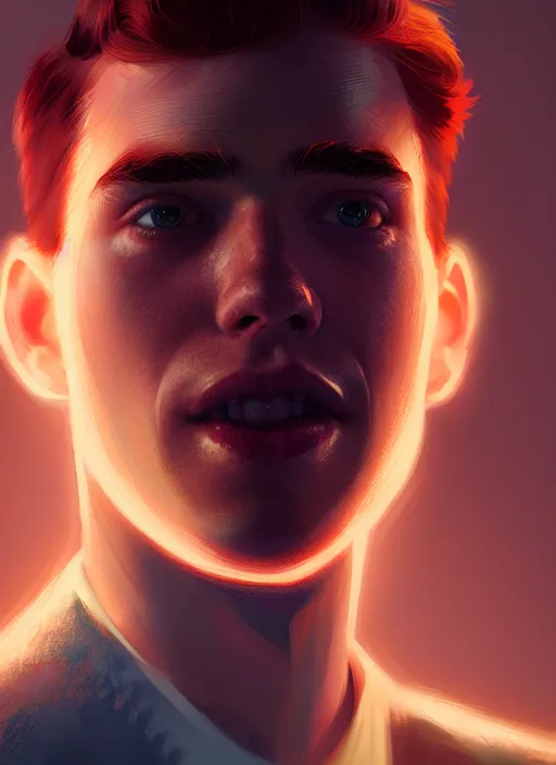 Prompt: portrait of archie andrews, freckles, intricate, elegant, glowing lights, highly detailed, digital painting, artstation, concept art, smooth, sharp focus, illustration, art by wlop, mars ravelo and greg rutkowski