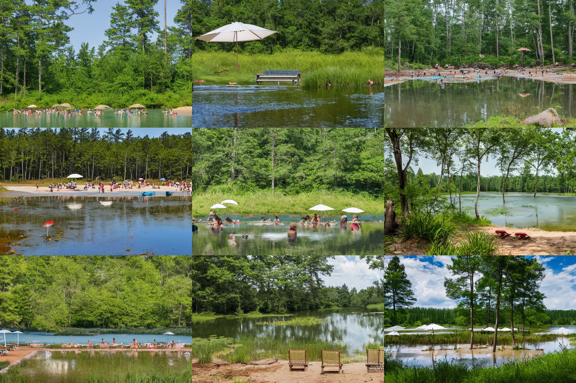 Prompt: view of a small pond with muddy water and a small beach. a few big white umbrellas with benches underneath them are on the beach. a thick piney forest is seen in the background behind the pond. people are swimming. photo taken from a grass surface. 4 k outdoor image, landscape photography.