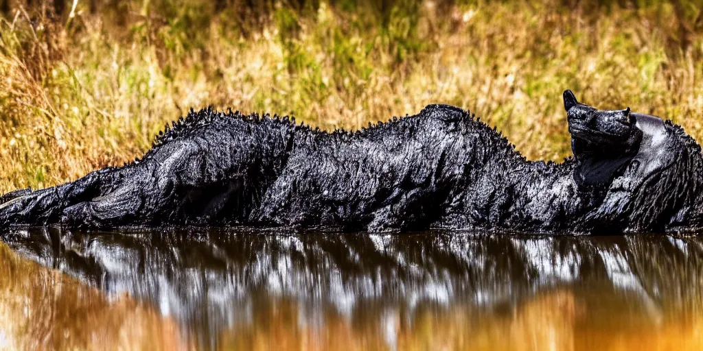 Prompt: a black lioness, made of ferrofluid, bathing inside the lake of tar, full of goo, covered with ferrofluid. dslr, photography, realism, animal photography, color, savanna, wildlife photography