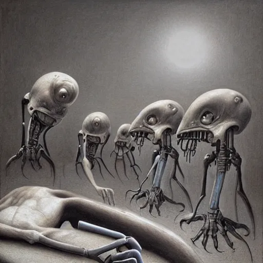 Image similar to a hyperrealistic painting of an alien surgery, robotic doctors, by john kenn mortensen and zdzislaw beksinski, highly detailed, vivid color,