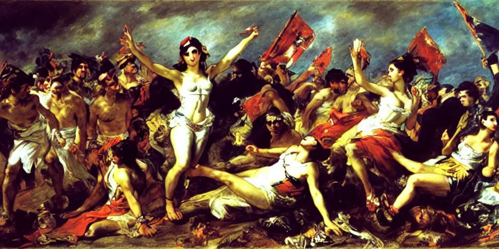 Image similar to eugene delacroix's Liberty Leading The People with rave, music festival and night clubbing characters