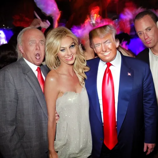 Image similar to donald trump, magic city nightclub, award winning, flash photo, paparazzi,