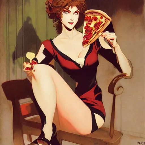 Prompt: attractive female vampire eating a pizza in a bright lounge by y j. c. leyendecker, yoji shinkawa, katayama bokuyo