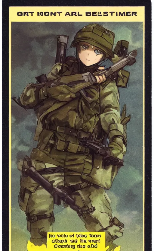 Image similar to girl, trading card front, soldier clothing, combat gear, matte, illustration, by ufotable studio, green screen