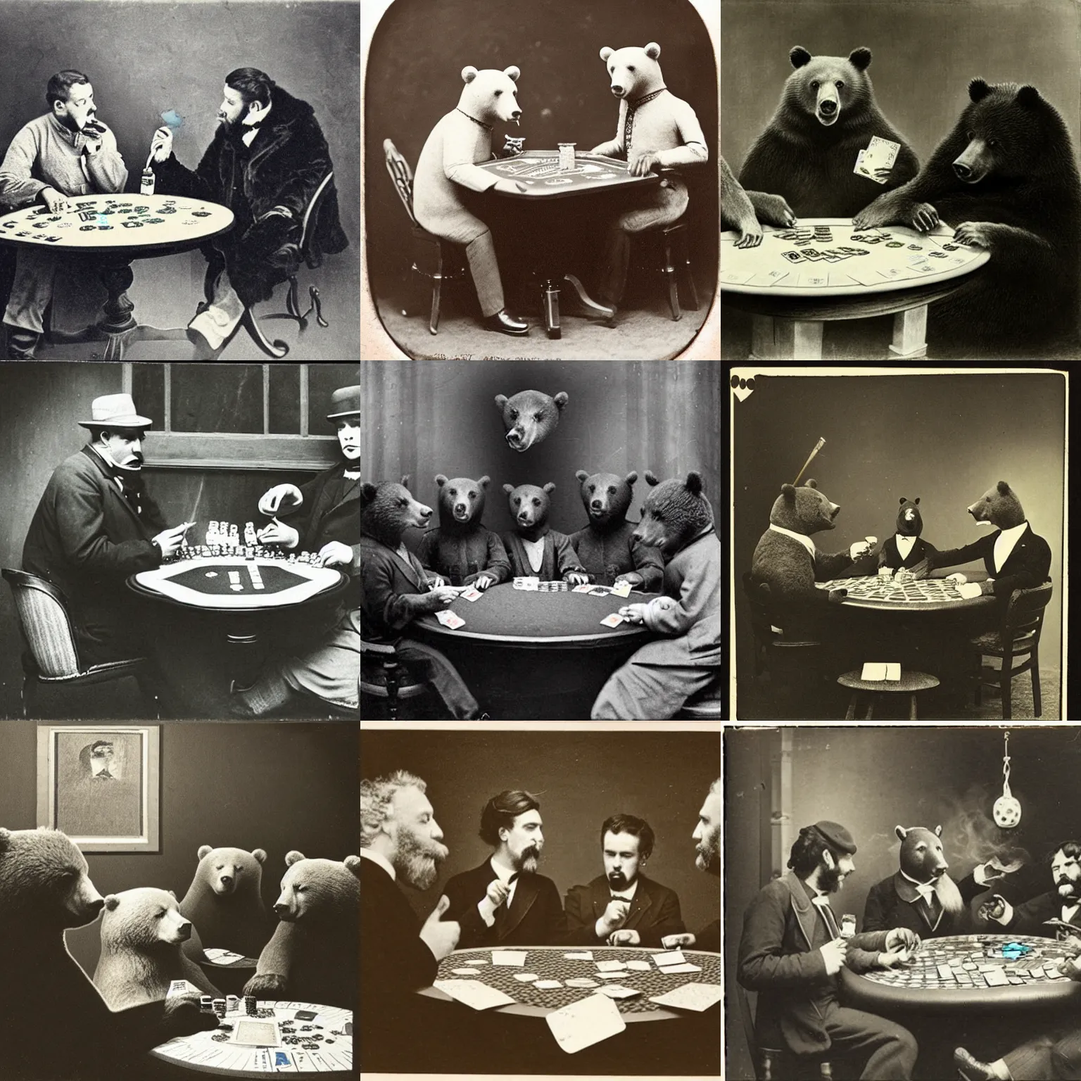 Prompt: “bears playing poker and smoking, 1900’s photo”