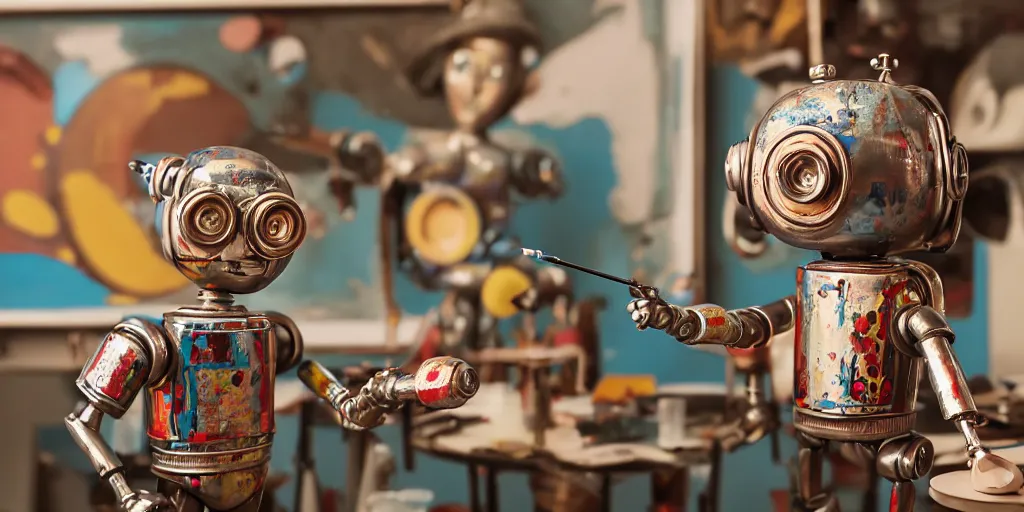 Image similar to closeup portrait of tin toy retro robot artist painting in a workshop, depth of field, zeiss lens, detailed, centered, fashion photoshoot, by nicoletta ceccoli, mark ryden, lostfish, breathtaking, 8 k resolution, extremely detailed, beautiful, establishing shot, artistic, hyperrealistic, octane render