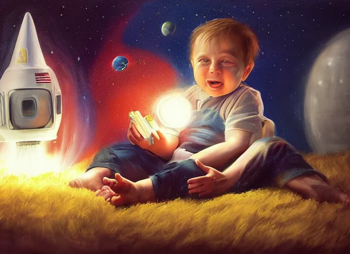 Image similar to toddler elon musk sitting on a shaggy rug playing with his little space rockets, realistic painting, beautiful soft lighting, istvan sandorfi