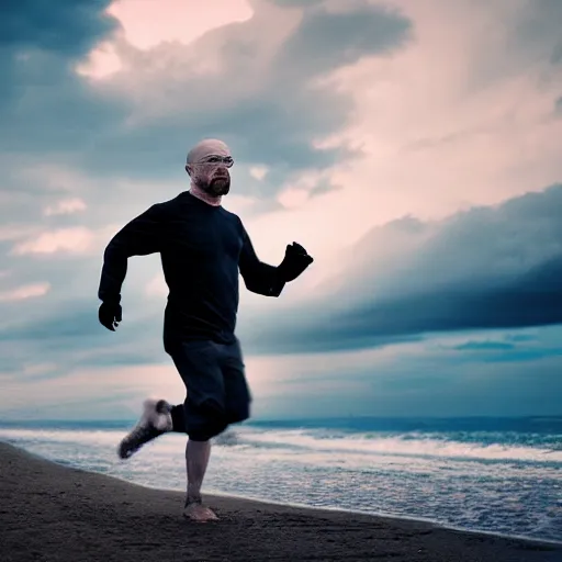 Image similar to Walter White running on the beach, artistic, 8k, cinematic, accurate, symetric, face, dramatic lighting, pastel colours