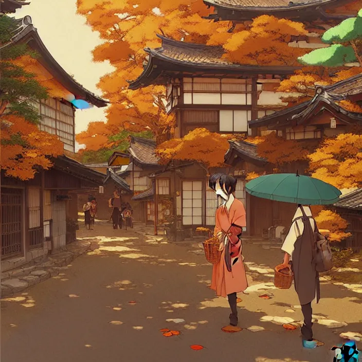 Image similar to japanese rural town, autumn, in the style of studio ghibli, j. c. leyendecker, greg rutkowski, artem