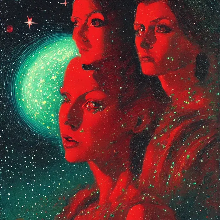 Image similar to beautiful female portrait, red and green palette, night lights, starry sky, by ( h. r. giger ) and paul lehr