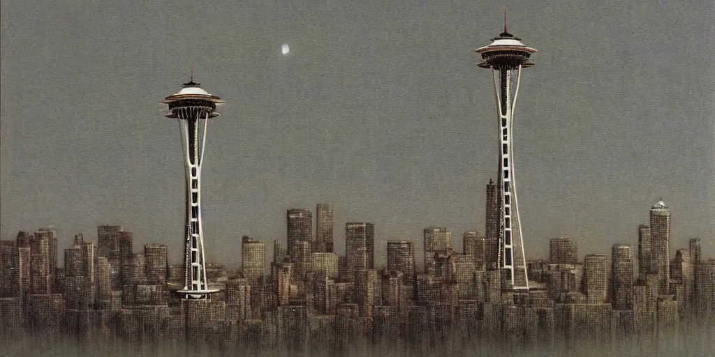 Image similar to seattle with space needle by beksinski