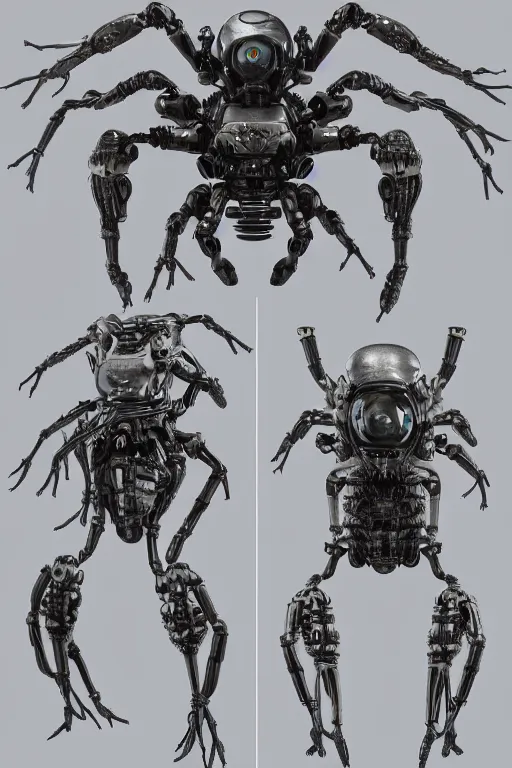 Image similar to cyborg space spider with gunmetal grey skin, medical anatomy, cyberpunk face, highly detailed, japanese, mecha asthetic, mechanical implants, three - view reference sheet ( front / back / side ), in the style of dan ouellette, dren from splice, hr giger, sil from species, artstation, unreal engine