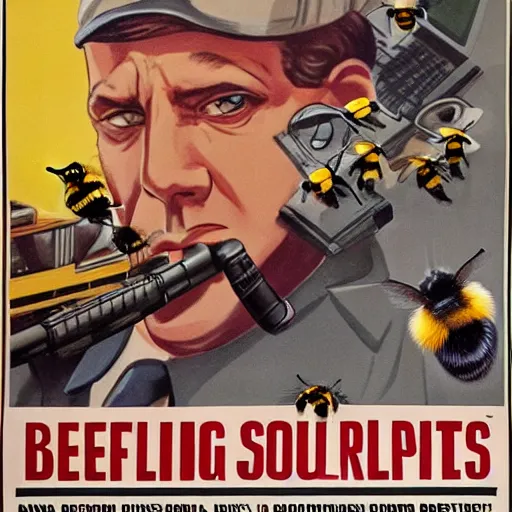 Prompt: + a security guard slumps sleeping at a computer + while a bumblebee carries a brown briefcase in the background, highly detailed, ww 2 american propoganda poster, colorized