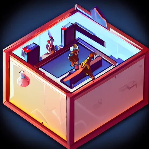 Image similar to isometric treasure chest, futuristic, mirror's edge + nier automata