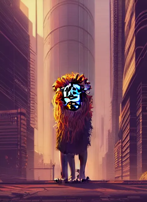 Prompt: a lion in cyberpunk city abandoned by dan mumford, center frame singular high fantasy character concept art symmetrical features, digital painting, sharp focus, illustration