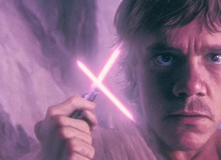 Image similar to detailed photo of Luke skywalker finding the ancient jedi texts. a dark pink hazy ethereal cave from Indiana jones, screenshot from the 1983 film, Photographed with Leica Summilux-M 24 mm lens, ISO 100, f/8, Portra 400