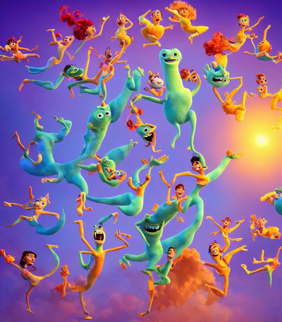 Prompt: full body shot of dancers dancing on the clouds, 3 d animated pixar illumination studios animated movie by pete docter, extremely joyful and eerie smiles, slimy fluid liquid