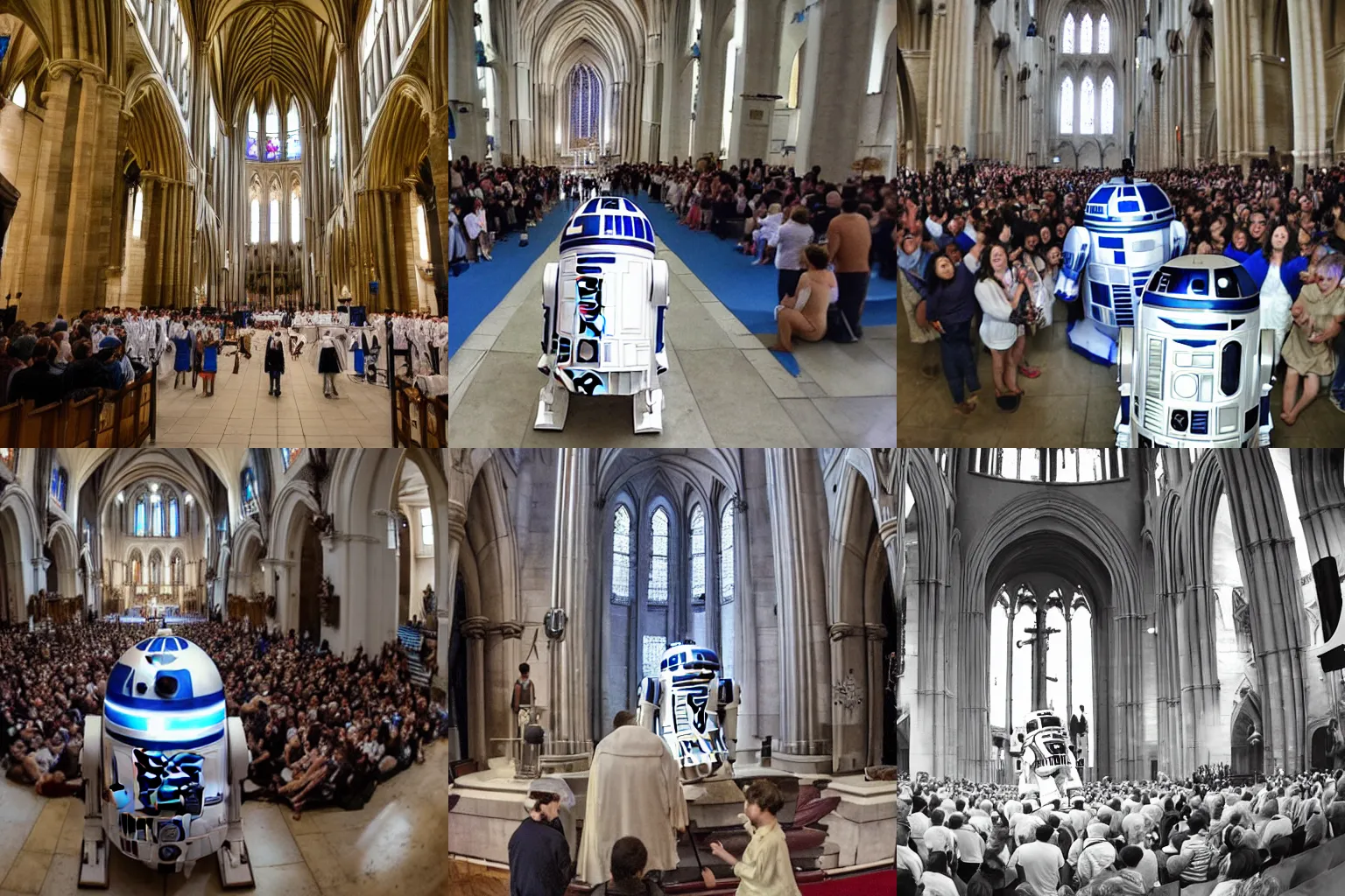 Prompt: wide angle view of a baptism ritual of R2D2 in a large Cathedral