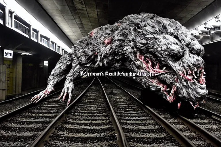 Prompt: very large giant mutant zombie irradiated ( angry rat ) staying on railways in tonnel of moscow subway. extreme high detail, very realistic. extreme long shot, low dark light, scary mood, anish kapoor.