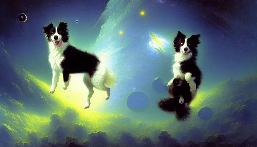Image similar to highly detailed painting of cute baby border collie puppy astronaut cosmonaut wearing a spacesuit by ivan aivazovsky, thick brush strokes and visible paint layers, 4 k resolution, outer space nebula background
