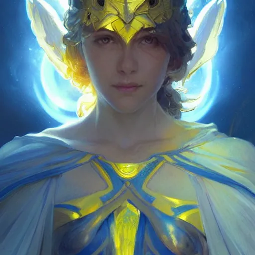 Image similar to warriors of light like angels, blue and yellow, highly detailed, digital painting, artstation, concept art, smooth, sharp focus, illustration, cinematic lighting, art by artgerm and greg rutkowski and alphonse mucha