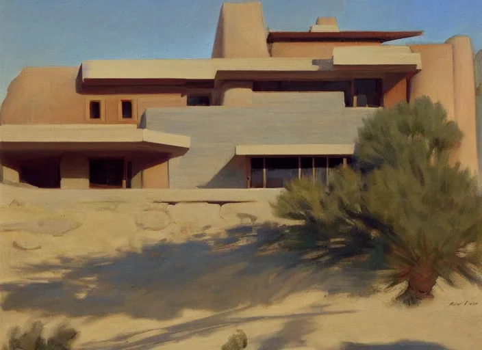 Prompt: painting of a frank lloyd wright house in the california desert by john singer sargent