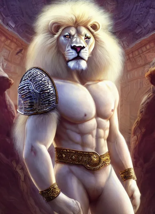 Image similar to aesthetic portrait commission of a of a male fully furry muscular anthro albino lion with a tail and a beautiful attractive hyperdetailed face, wearing ancient roman attractive gladiator outfit in a sci-fi dystopian roman coliseum at golden hour with crowds of people watching in the stadiums behind him. Character design by charlie bowater, ross tran, artgerm, and makoto shinkai, detailed, inked, western comic book art, 2021 award winning film poster painting