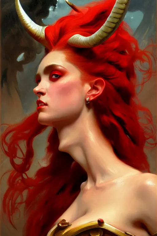 Prompt: painted close - up portrait of a attractive red - skinned intimidating demon girl with ram horns! oil painting, wearing a noblewoman's outfit, fantasy art by john singer sargent and gaston bussiere and james jean and greg rutkowski, demon noble character design, hd