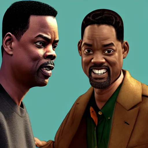 Prompt: chris rock is physically slapping will smith on his face, shadow harsh lights, dramatic scene, hyper detailed, digital art, trending in artstation, cinematic lighting, studio quality, smooth render, unreal engine 5 rendered, octane rendered, ligh rim